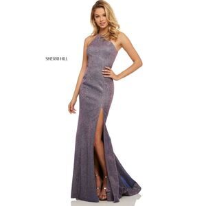 Sherri Hill Formal Prom Dress Sz 10 Electric Purple Glitter Halter Cut Out 52481